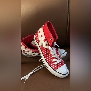 Converse High Top Red with White Polka Dot double tongue fold over